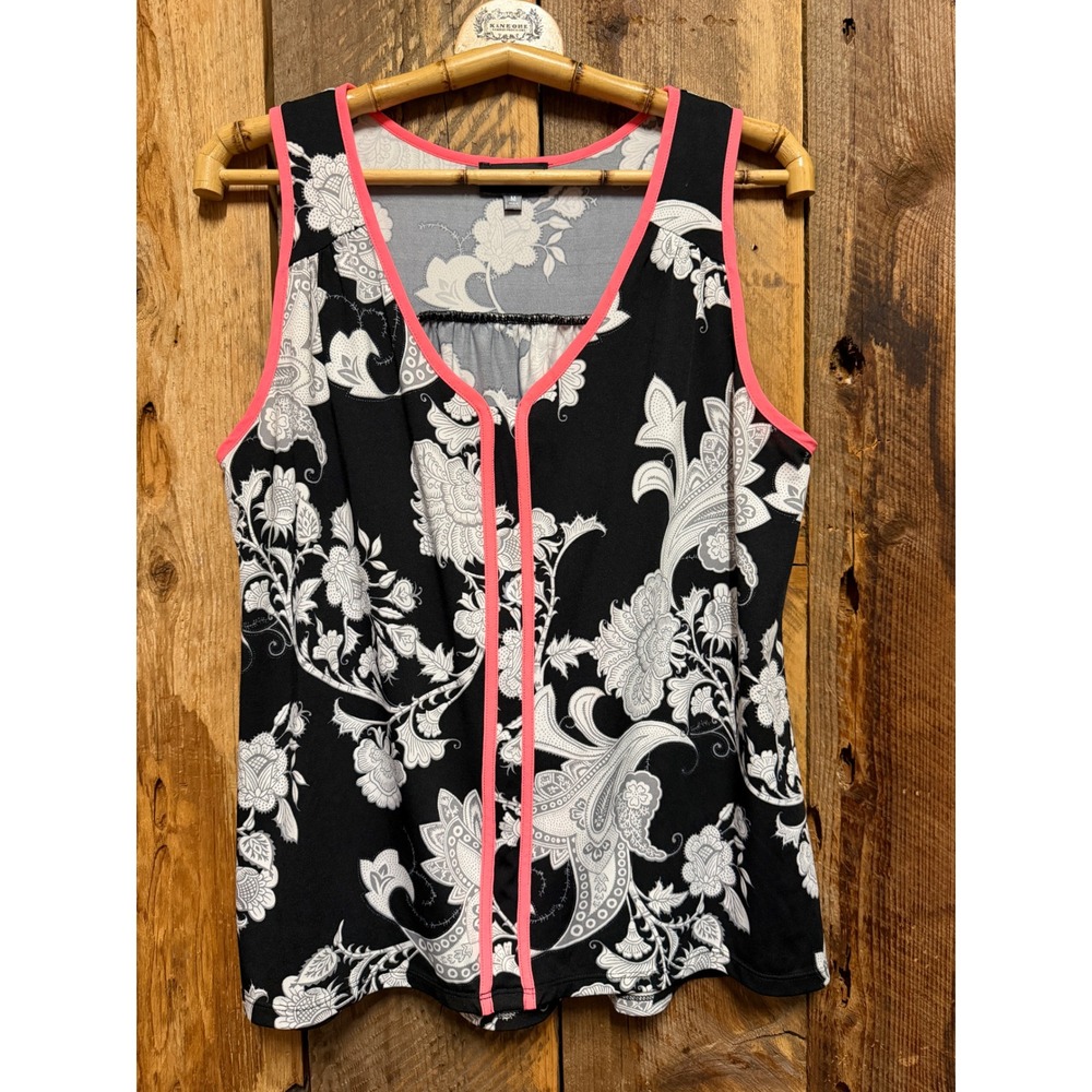 Botanical Floral Tank Womens Medium Boho Cottagecore Pink Trim Casual Chic